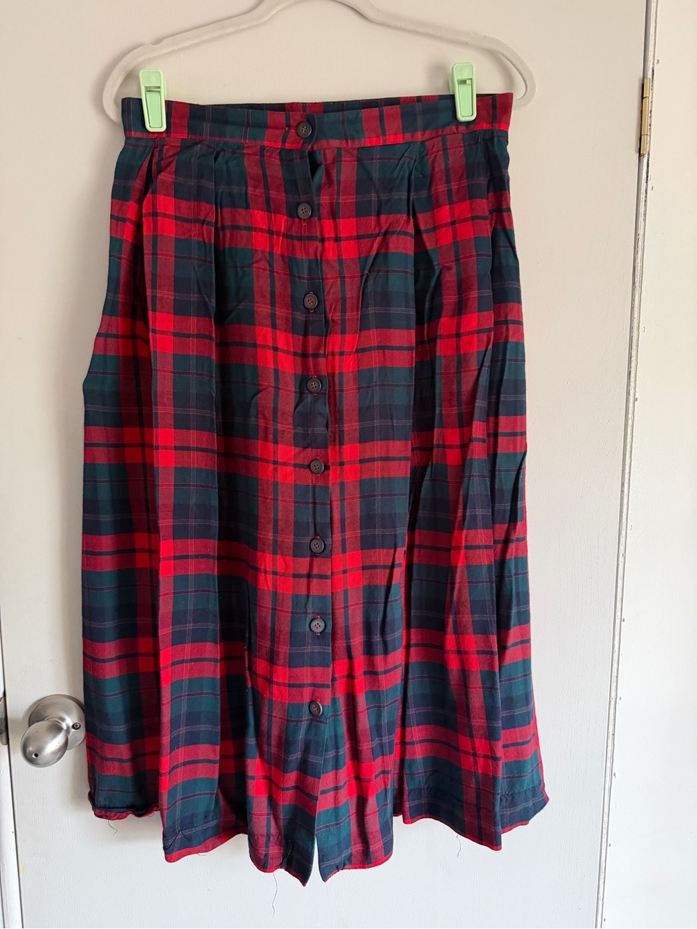 Vintage Button-Front Red & Dark Green Plaid Midi Skirt